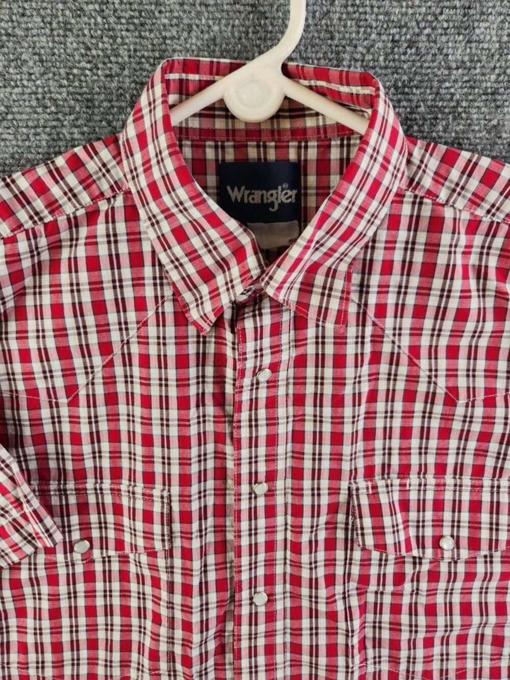 Wrangler XL Red Plaid Short Sleeve Pearl Snap Button Up Western Pockets L/XL